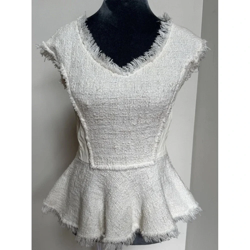 Rebecca Taylor Blouse 4 Tweed Leather‎ Peplum Coquette Old Money Luxury $350 - Picture 12 of 16